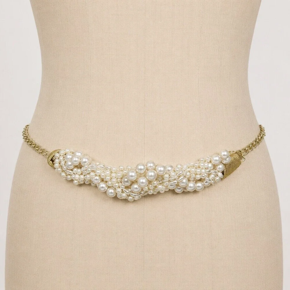 Vintage 80s Faux Pearl Cluster Net Belt Gold Tone Chain womens statement belt